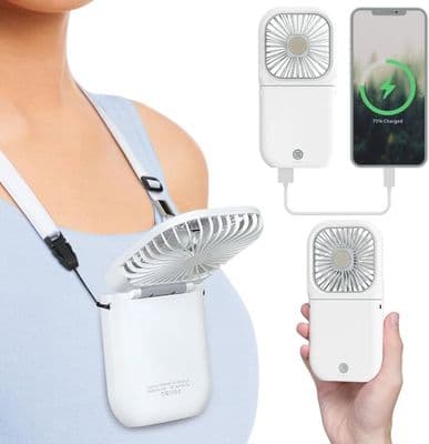 Mini bærbar ventilator - Hvid - Genopladelig - 3 hastigheder - Sammenfoldelig - Håndfri