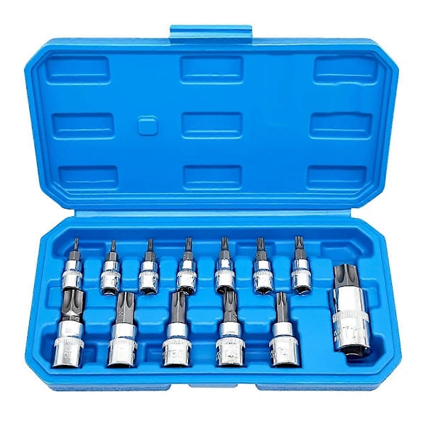 13 stk. Star Torx Bit Socket Sett T8-T70 H2-H14, CRV-piper 1/4 tommer, 3/8 tommer og 1/2 tommer Drive for Håndbruk