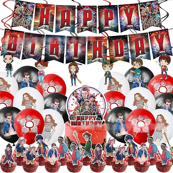 Stranger Things Tema Grattis på födelsedagen Party Banner Hängande Virvlar Tårtdekorationer Ballonger Kit Dekor