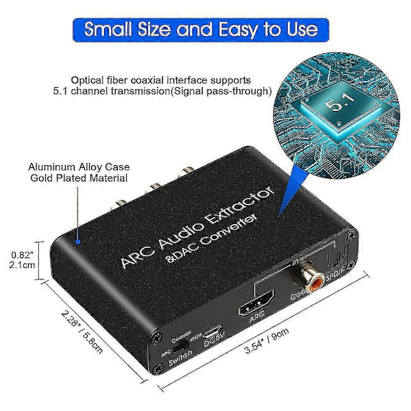 Dac-ljudomvandlare Arc-ljudutdragare - kompatibel optisk Spdif koaxial till analog 3,5 mm digital T