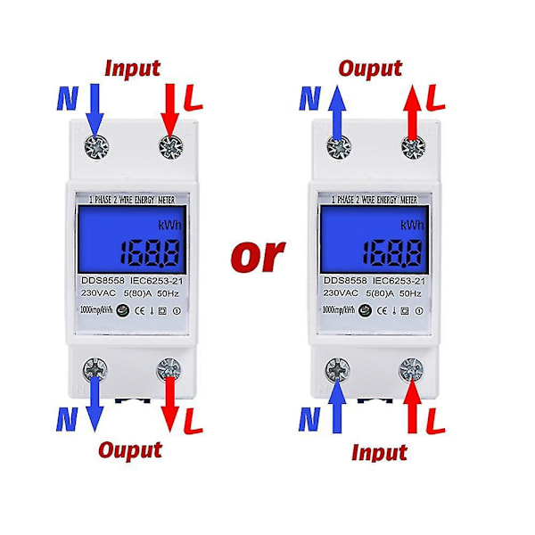 DIN-skinne kWh-måler 1-fase 2-leder LCD digital display forbruksenergi elektrisk kWh-teller AC110