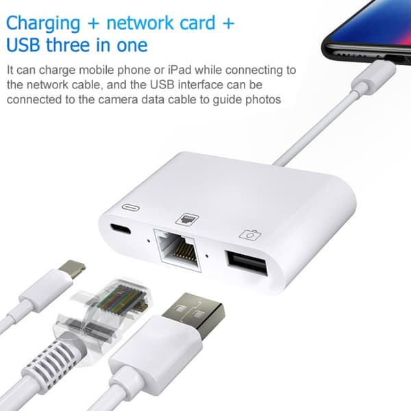 Moniliitinsovitin iPhonelle ja iPadille Lightning-Ethernet-, USB- ja Lightning-liitännöillä