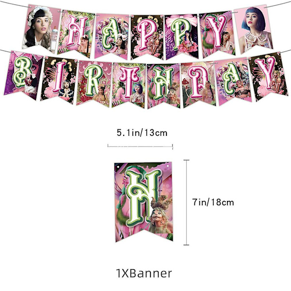 Melanie Martinez -teemaisen juhlatarvikkeiden setti Onnellinen syntymäpäivä -koristeet, bannerit, ilmapallot, kakun ja kupkakenkien koristeet