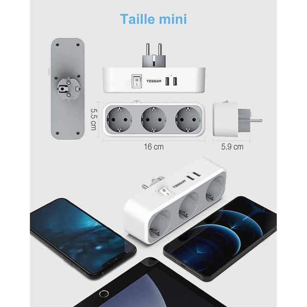 Euroopan pistokeasema 2 USB-portilla ja kytkimellä - Useita pistokkeita pistorasialle ja USB-sovittimelle, 3 pistorasiaa, seinäasennus