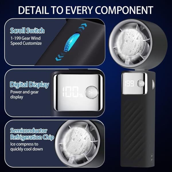 Bærbar ventilator. Mini genopladelig ventilator, 4000 mAh. Kompakt og støjsvag turbineventilator. (1-199 Sort)