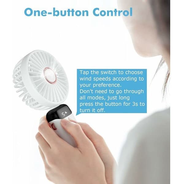Mini bærbar ventilator, USB genopladelig. Lille 5-trins lommeventilator med base - hvid.