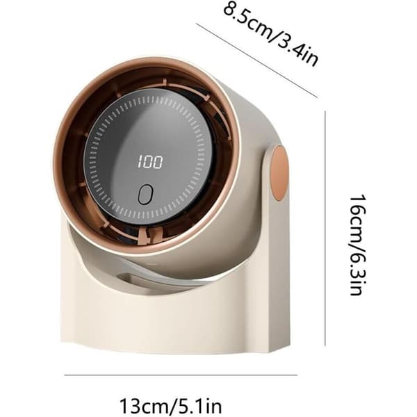 Bladeless ventilator. Digitalt display. Stille. Bærbar. USB-opladning. 13 x 8,4 x 16 cm. Beige