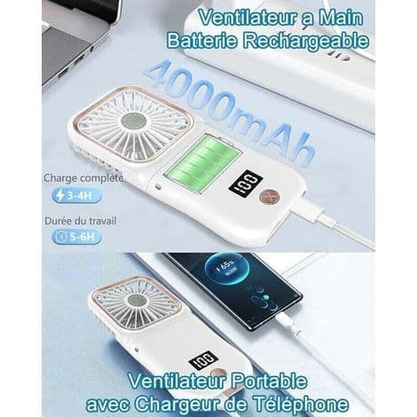 Mini bærbar ventilator. USB genopladelig lommeventilator. Lille sammenklappelig ventilator med LED-display - hvid.
