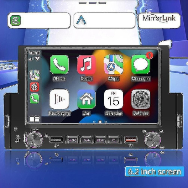 1din 6,2 tommer skærm Carplay Android-auto Radio Bilstereo Bluetooth Mp5 Afspiller 2usb Fm Modtager Hea