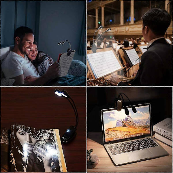 2 st Musikstativlampa, LED-boklampa med klämma, dubbla armar, läslampa för böcker i sängen, 360 graders justerbar klämma