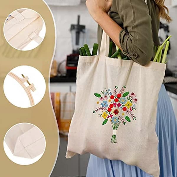 Broderikit för tygväska med blomstermönster, broderi startkit