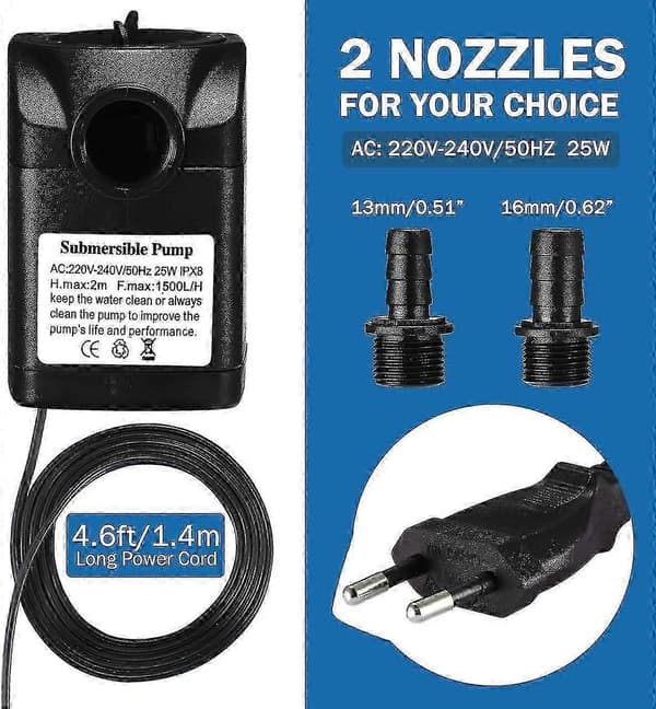 25w 1500l/h Dränkbar Vattenpump Med 1,5m Strömkabel Och 2 Munstycken