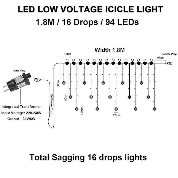 94 LED Snøflagg Lyslenke 31V Varmt Hvit Vanntett 8 Lysmoduser Lysgardin med Timer Innendørs Utendørs Vindu Jul Dekor