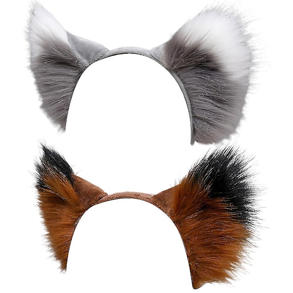 2 Pcsfox Faux Fur Ears Headband Halloween Handmade Animal Furry Ears Hair Hoop