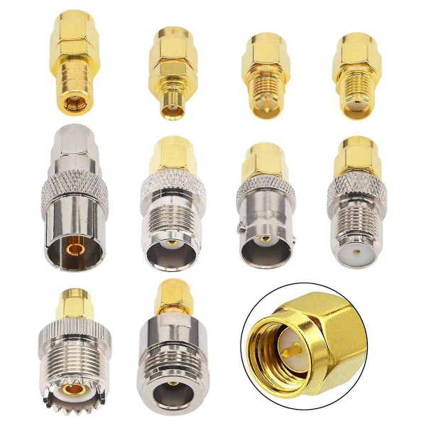 10-typset Sma-adapterkit Sma-hane till /bnc/uhf/mcx/smb/tv/tnc-hon raka nickelguldpläterade