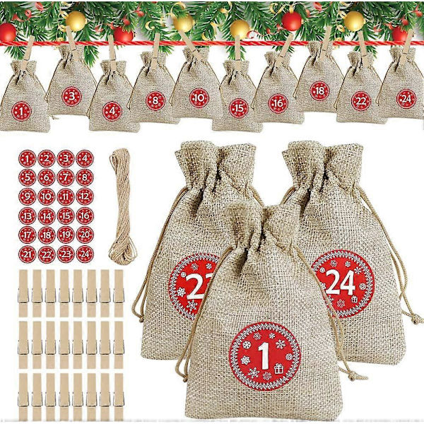 Adventskalender - Juteposer - Adventskalender 2020 - Adventskalender 2020 - Juteposer - Julegaveposer med 24 nummererede adventsklistermærker