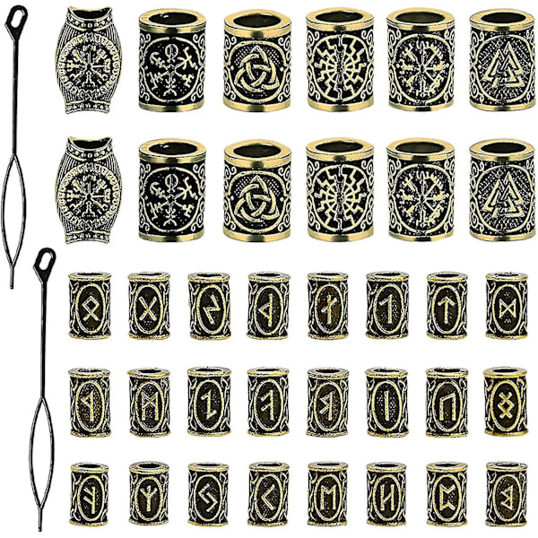 36 st Skäggpärlor för Män Antik Runor Hårpärlor DIY Armband Tillbehör (guld)