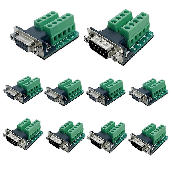 10 st DB9 Lödfria Kontakter, RS232 D-SUB Seriell till 2-rads 9-stifts Port Terminal Adapter Breakout Bo