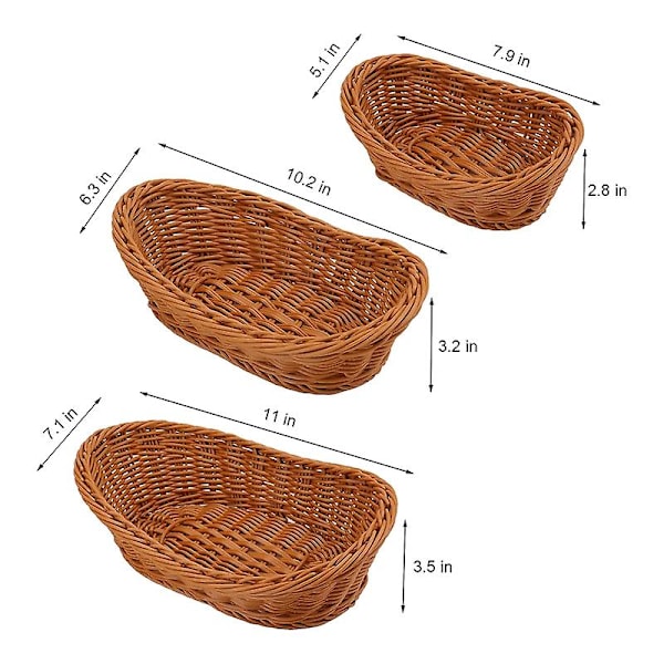 Wicker-punotut leipäkori tarjoilukorit 3 kpl, säilytyskori ruoalle, hedelmille, kosmetiikalle, pöydälle ja kylpyhuoneeseen
