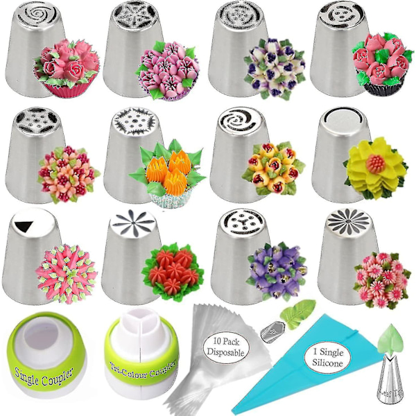 Russisk Sprøytetipssett Kakedekorasjonsutstyrsett Blomsterfrostingtipssett 12 Glasurmunnstykker 2 Koblinger 2 Bladtips 1 Silikonpose 10 Bakevarer