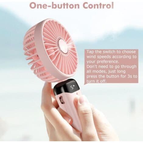 Mini bærbar ventilator, USB genopladelig - 5 blæserhastigheder - LED-display - Stille drift - Pink