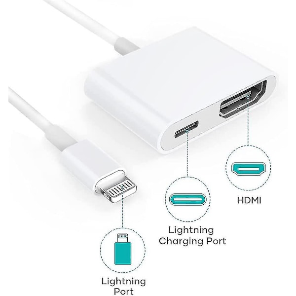 HDMI-adapter, HDMI-adapter för iPhone 1080p Lightning Digital AV-adapter, HDMI-synkroniserad skärm HDMI-kontakt för iPhone & iPad