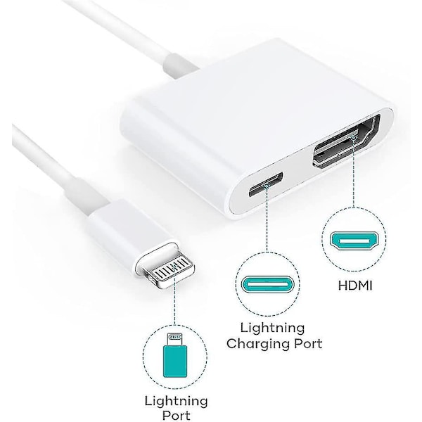 HDMI-adapter, HDMI-adapter för iPhone 1080p Lightning Digital AV-adapter, HDMI-synkroniserad skärm HDMI-kontakt för iPhone & iPad