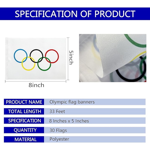 Olympiska spelens flaggsnöre, olympiska ringar, små, minivimplar, 33 fot, 30 flaggor, present till familj/vän med låda ZMYX