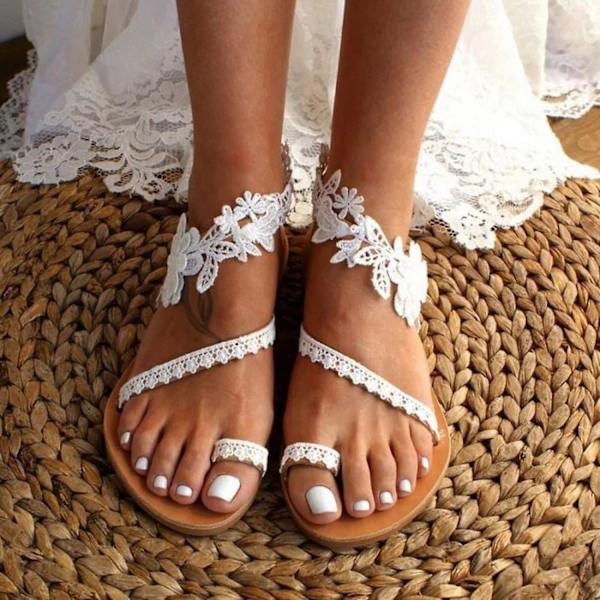Oski Dam Bröllop Platt Sandaler Vita Spets Sandaler Strand Sandaler Bröllopsfest Klänning Vita Klänning Sandaler----vita storlek 40