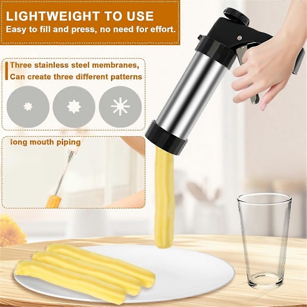 Churrera Churro Maskine Rustfrit Stål Churro Maker Kit med 3 Forskellige Dyser Sprøjtepose H