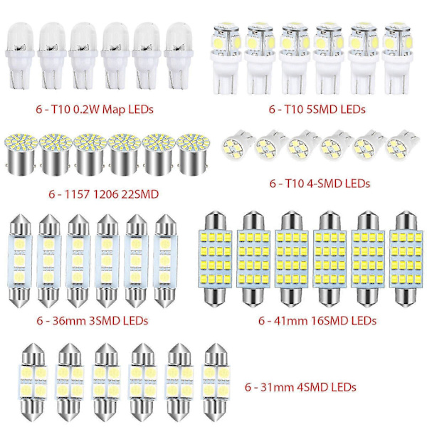 42 kpl auton LED-valot, auton sisätilan mini-lampun sarja T10 leveysilmastinvalo kaksoiskärki lukulampi rekisterikilven valo sisävalo oven valo