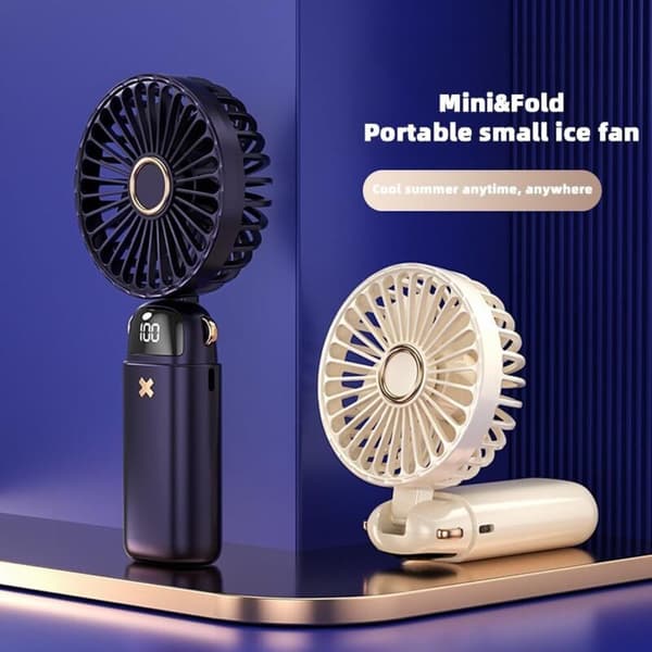 Kompakt USB genopladelig lommeventilator. Sammenfoldelig bordventilator med digitalt display - mørkeblå.