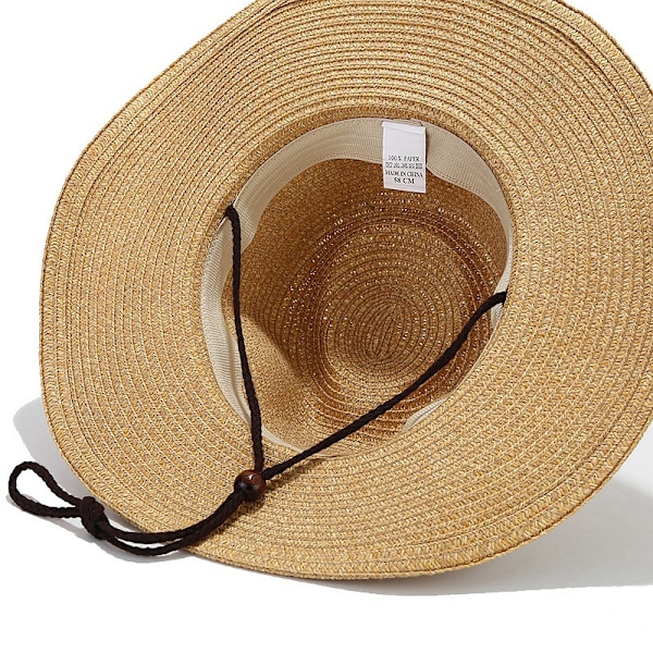 Western Cowboyhatt (med tau) for kvinner og menn med sammenleggbar sommer solskjerm stråhatt bredbremmet hatt, beige