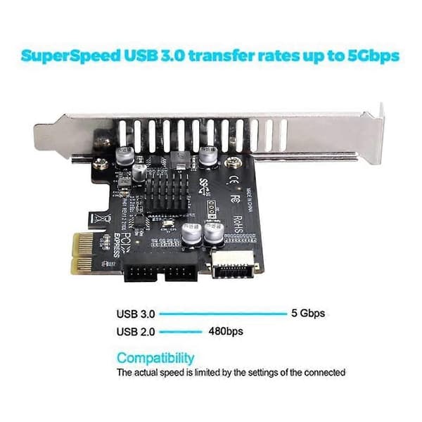 VL805 Emolevyn sovitin 5 Gbps Type E USB 3.1 Etupaneelin naaras & USB 2.0 - PCI-E 1X Express -kortti
