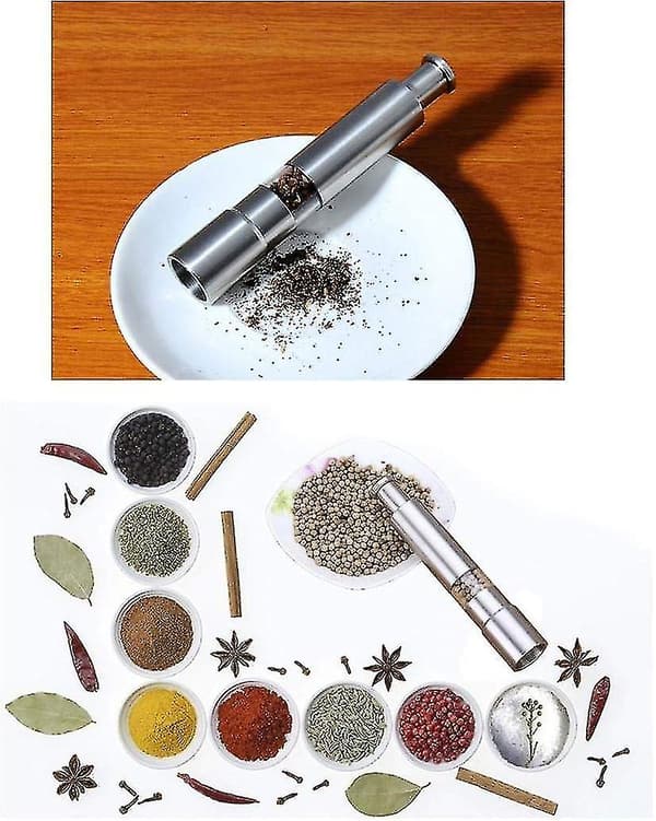 Salt- og peberkværn sæt af 2, rustfrit stål trykknap kværn, til sort peber, krydderi og salt