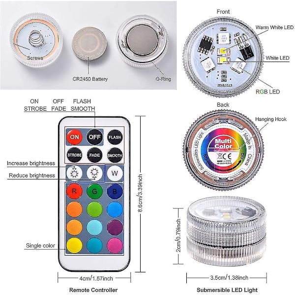 10 stk Mini Neddykbare LED-lys, Aled Lys Undervannslys Vanntette RGB Flerfargede LED-lys med 2 Fjernkontroller for Svømmebasseng