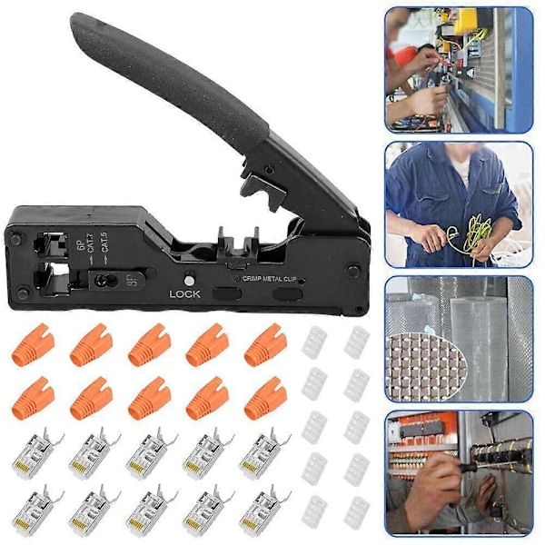 RJ45 Crimpzange + 10 Cat7 Stikkontakter Sæt Netværksværktøj Lan Kabeltang Cat 7 /6