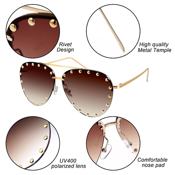2 par kvinners rimless overdimensjonerte solbriller med niter, gradientlinser
