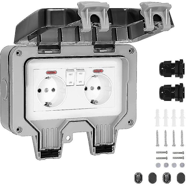 IP66 Vedenkestävä Ulko-Pistorasia Kaksoisvirtapistorasia ja Suojaluukku Puutarhan Seinävirtajohto, Pölynkestävä ja Tuulenkestävä Pistorasia Kytkimellä, Ilmaisin