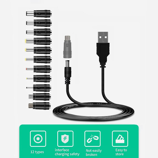 5V USB till DC5521 Strömförsörjningskabel Stöder Laddning Inkluderar 12 Anslutningstips