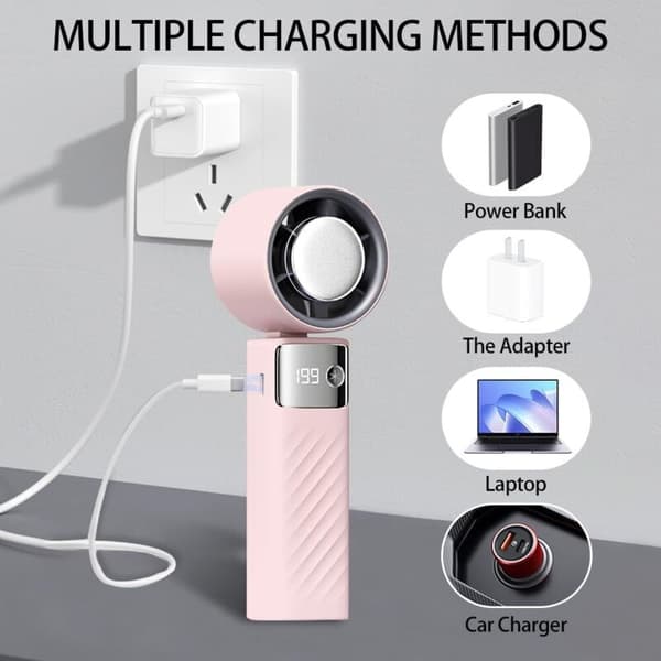 Bærbar ventilator. Mini genopladelig ventilator, 4000 mAh. Kompakt og støjsvag turbineventilator. (Pink, 1-199)