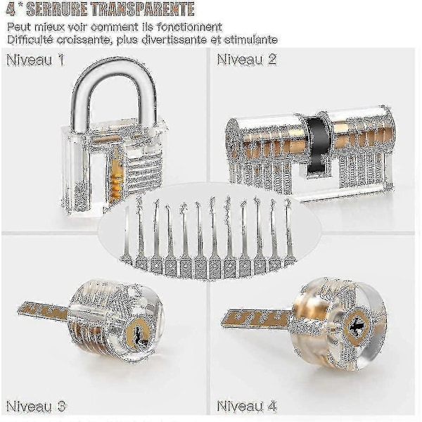 Låseplukke Sæt, 25-delt Låseplukke Sæt, Øvelsesværktøjer Med 3 Gennemsigtige Låse_a -3182094913873