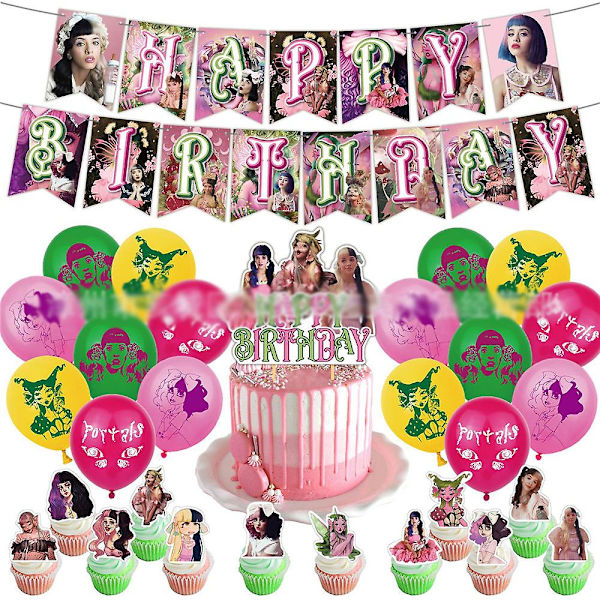 Melanie Martinez -teemaisen juhlatarvikkeiden setti Onnellinen syntymäpäivä -koristeet, bannerit, ilmapallot, kakun ja kupkakenkien koristeet