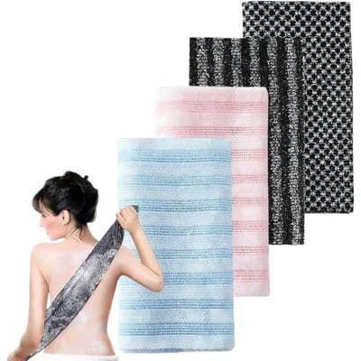 Sæt med 4 eksfolierende handske-håndklæder - 25 x 100 cm - Lang til ryggen - Hurtigtørrende nylon/polyester - Sort/Pink/Blå