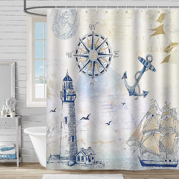 Nautisk Dusjforheng Fyrtårn Seilskute Kompass Anker 180 X 180 Cm Badeforheng Polyester Stoff