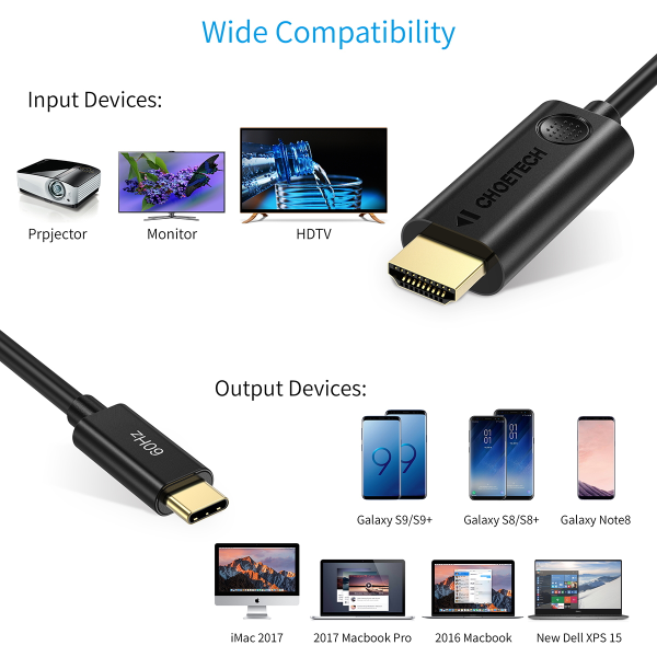 4K@60Hz USB-C Thunderbolt 3 till HDMI 4K Ultra HD Media Converter-kabel för MacBook Pro iPad Pro iMac MacBook 1,8m/6ft Samsung Galaxy Note 20/10/9/8 svart