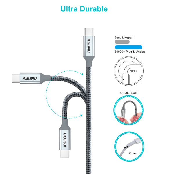 Choetech PD100W USB-C till USB-C 1,8 m nylon grå