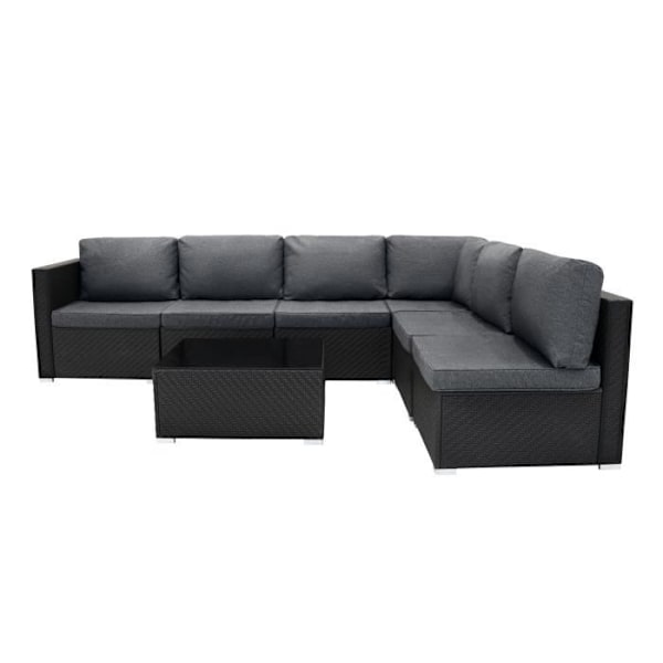 Modulært Rattan Haveophold i Sort 7 Stykker Sofa Puder Sofabord Svart
