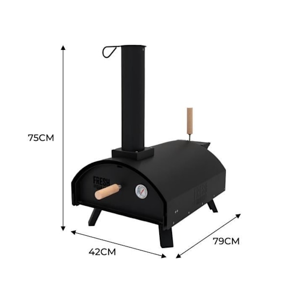 Bærbar udendørs pizzaovn - MONSTERSHOP - diameter 30 cm - brænde-/kulfyr - 1200W - timer Svart