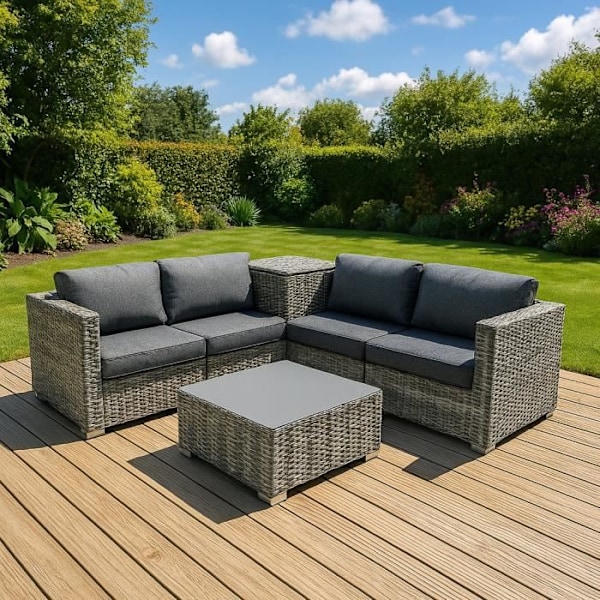 Modulær Rattan Havemøbler Sæt i Grå 6 Stykker Sofa Puder Sofabord Grå